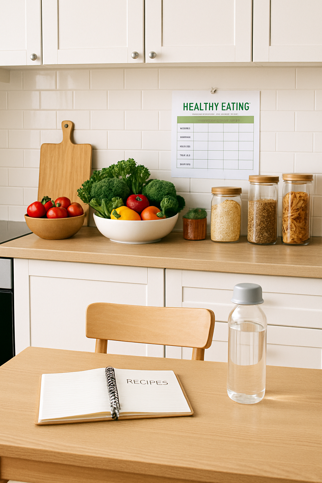 A vibrant image showing healthy foods like fruits and vegetables with a smartphone displaying the SnapEat AI app interface.