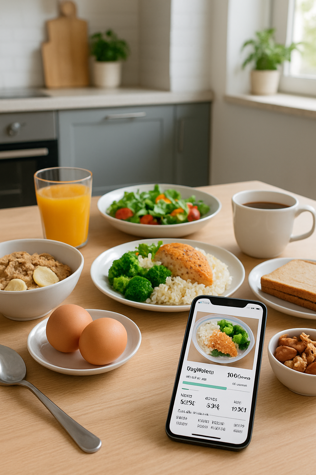 A smartphone displaying the SnapEat AI app's food recognition feature analyzing a healthy plate of salmon and vegetables.