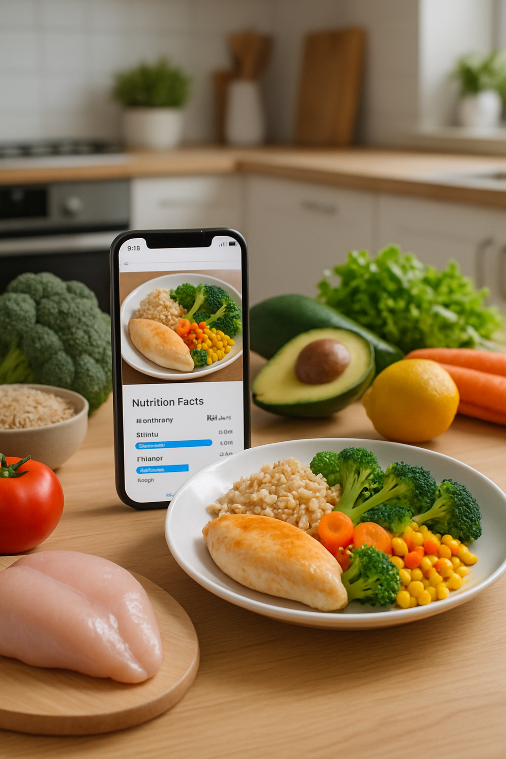 A smartphone displaying the SnapEat AI nutrition tracker app analyzing a photo of a healthy meal.