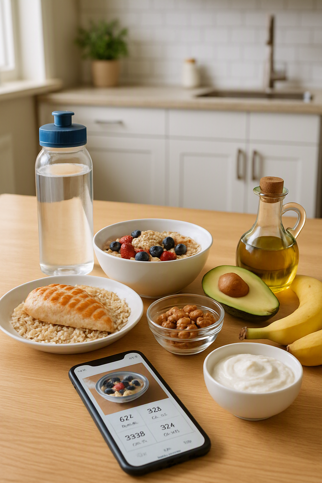 A plate of healthy athlete nutrition food like salmon and vegetables next to a phone showing the SnapEat AI food tracker app.