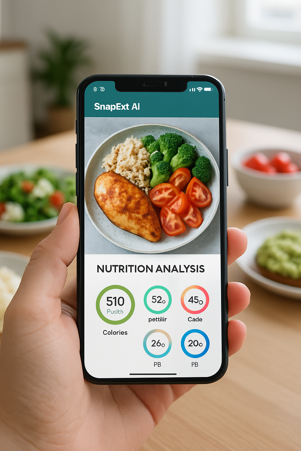 A smartphone displaying the SnapEat AI app analyzing a photo of a healthy meal, demonstrating how to track nutrition by photo for precision nutrition.