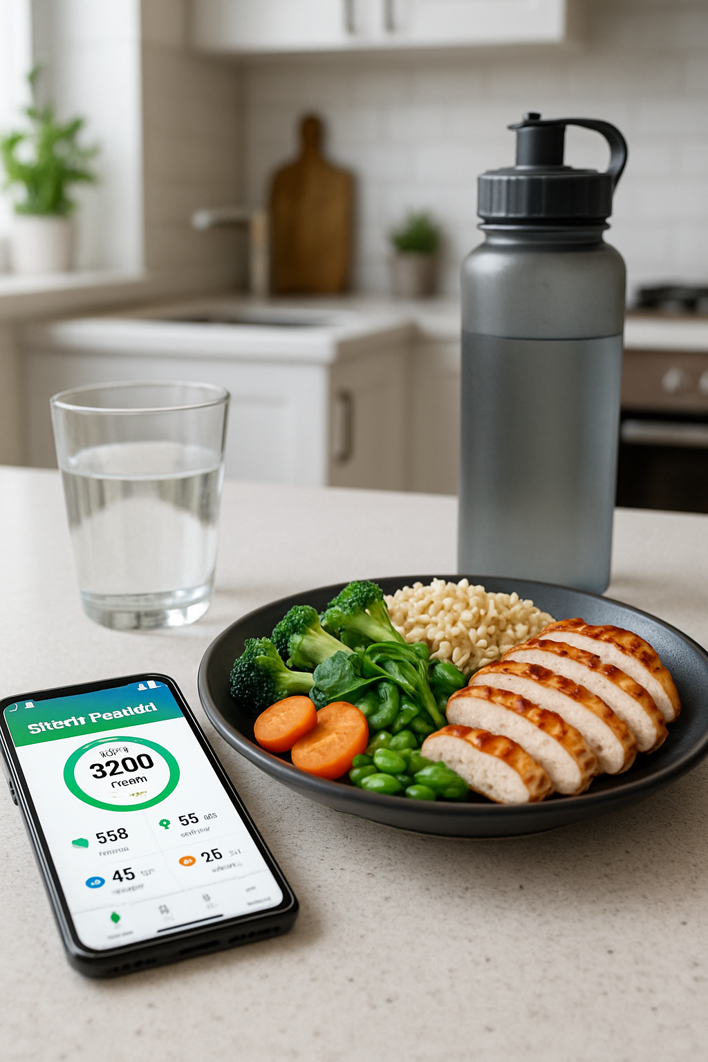 A smartphone displaying the SnapEat AI app interface after taking a photo of a healthy meal, showing calorie and macro breakdown.