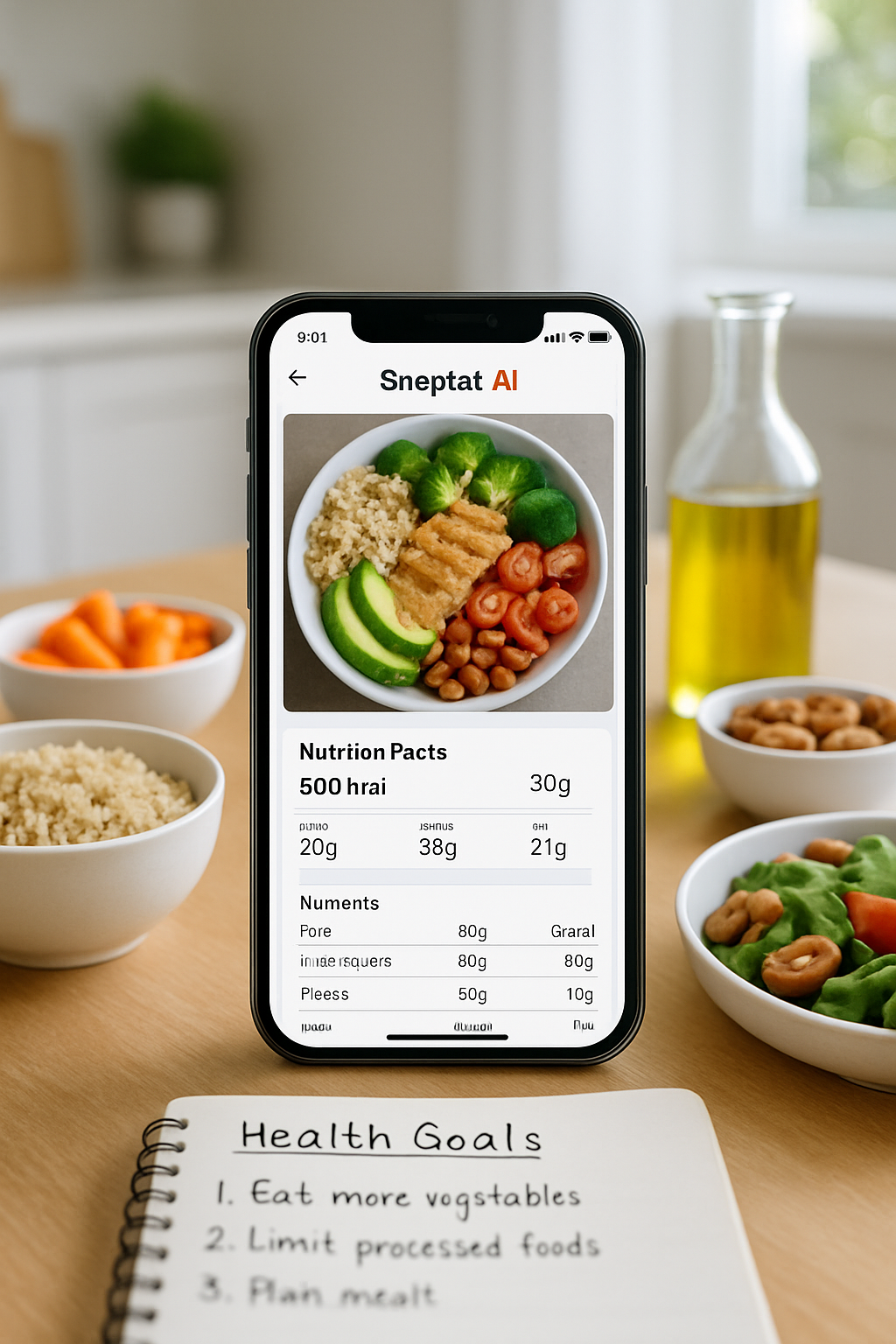 A smartphone displaying the SnapEat AI nutrition app with a healthy meal, representing smarter eating with Debra Newton