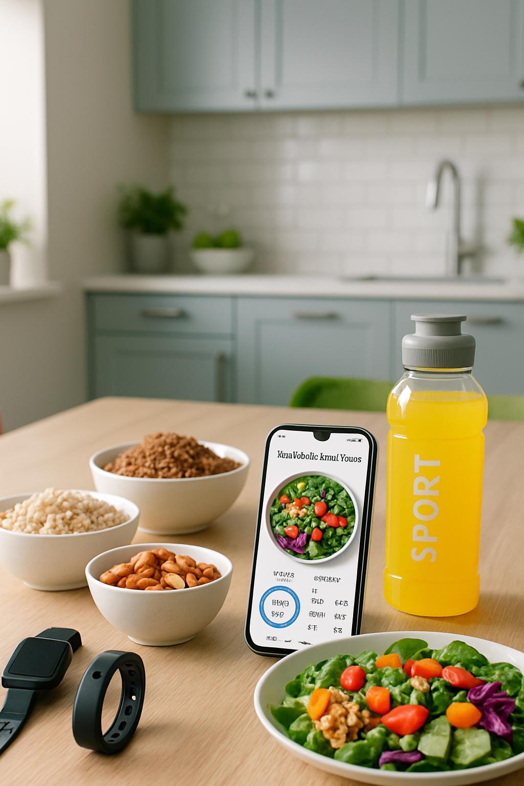 Smartphone showing the SnapEat AI coach interface with a photo of a healthy meal.
