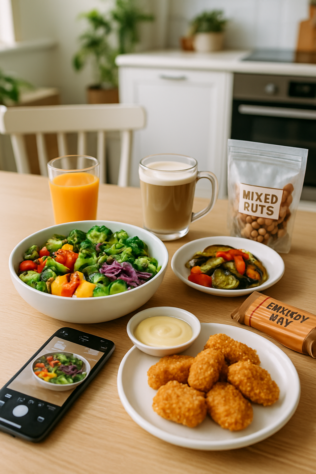 A smartphone running the SnapEat AI app analyzes a bowl of salad to uncover hidden calories from dressing.