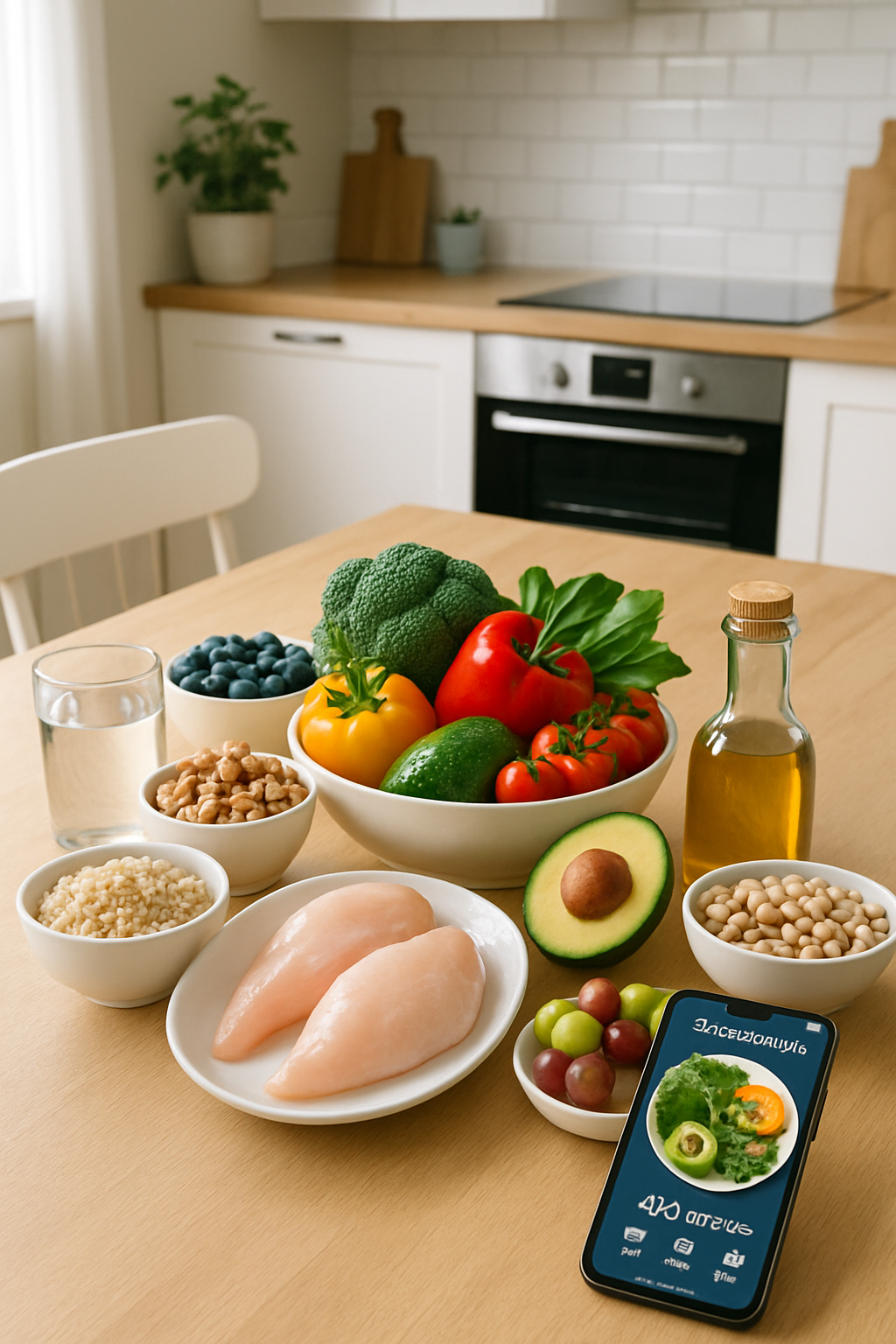 A smartphone running the SnapEat AI food tracker app, analyzing a healthy meal with protein and vegetables to facilitate a health transformation.