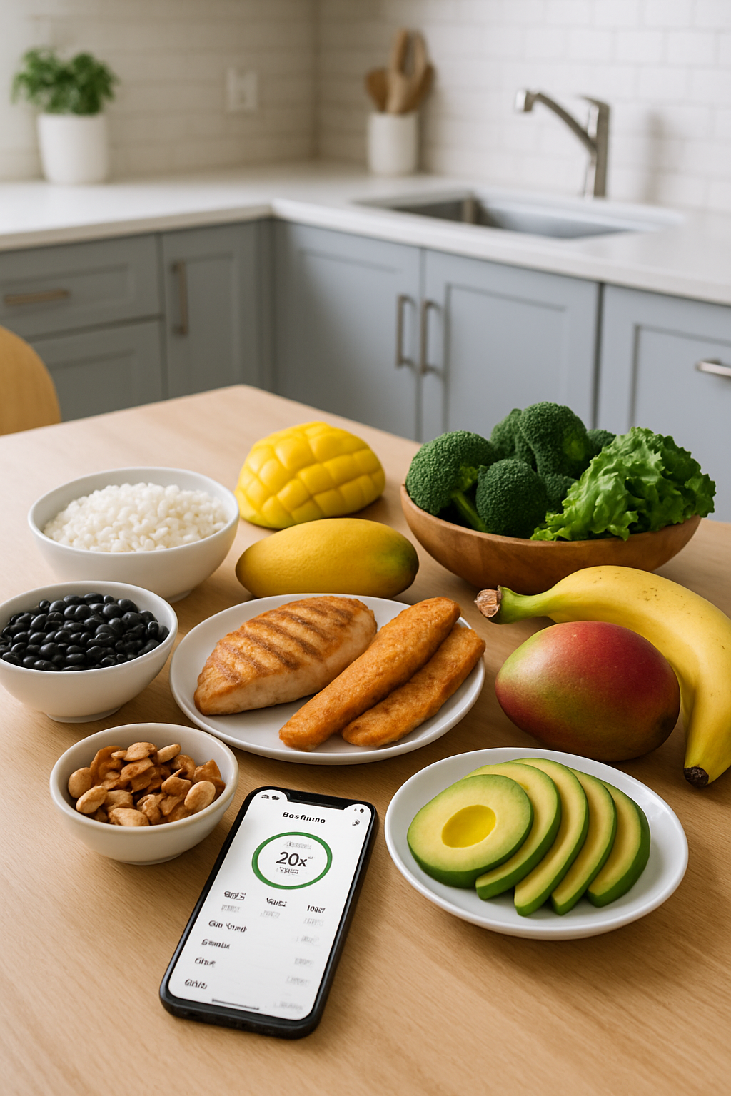 A vibrant plate of healthy food with a smartphone running SnapEat AI to track nutrition by photo.