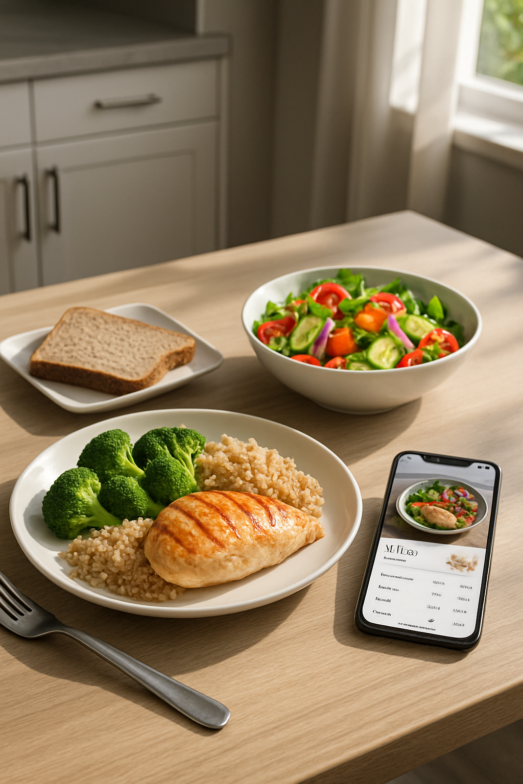 A smartphone displaying the SnapEat AI calorie counting app, showing a photo of a healthy meal with nutritional data overlaid.