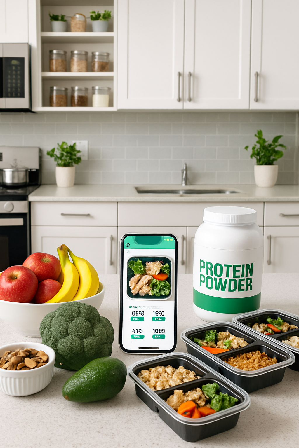 Illustration of a smartphone with the SnapEat AI app shielding a healthy meal from a thunderstorm, symbolizing protection from diet slip-ups.
