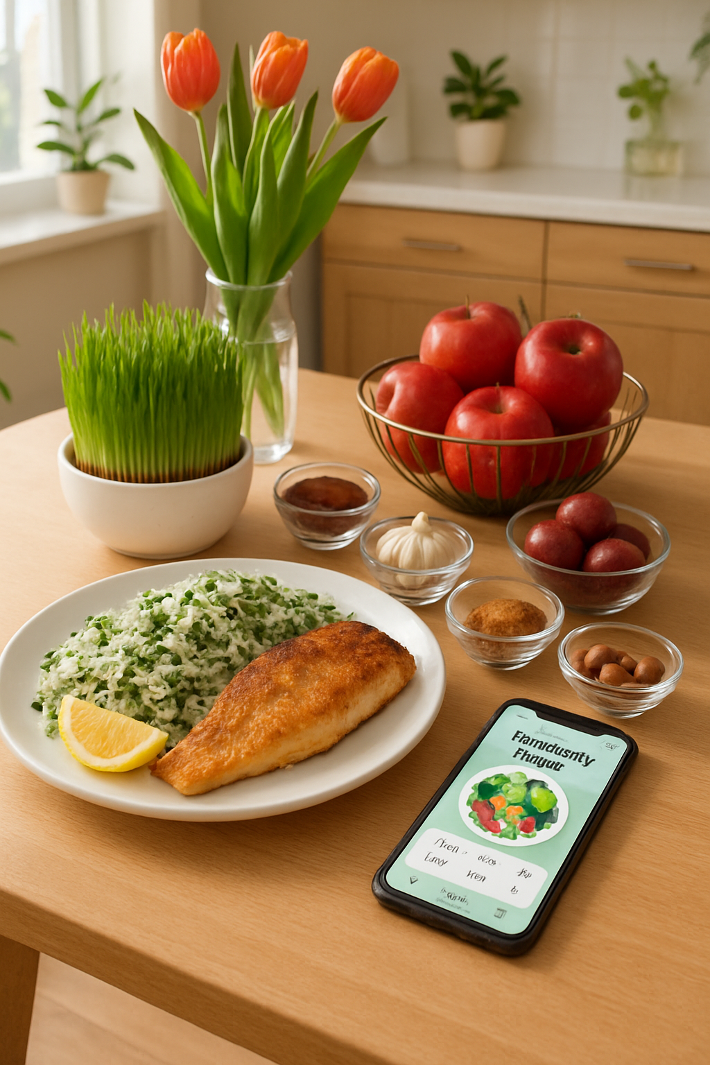 A smartphone showing the SnapEat AI app interface analyzing a plate of traditional Newroz food like Sabzi Polo ba Mahi.