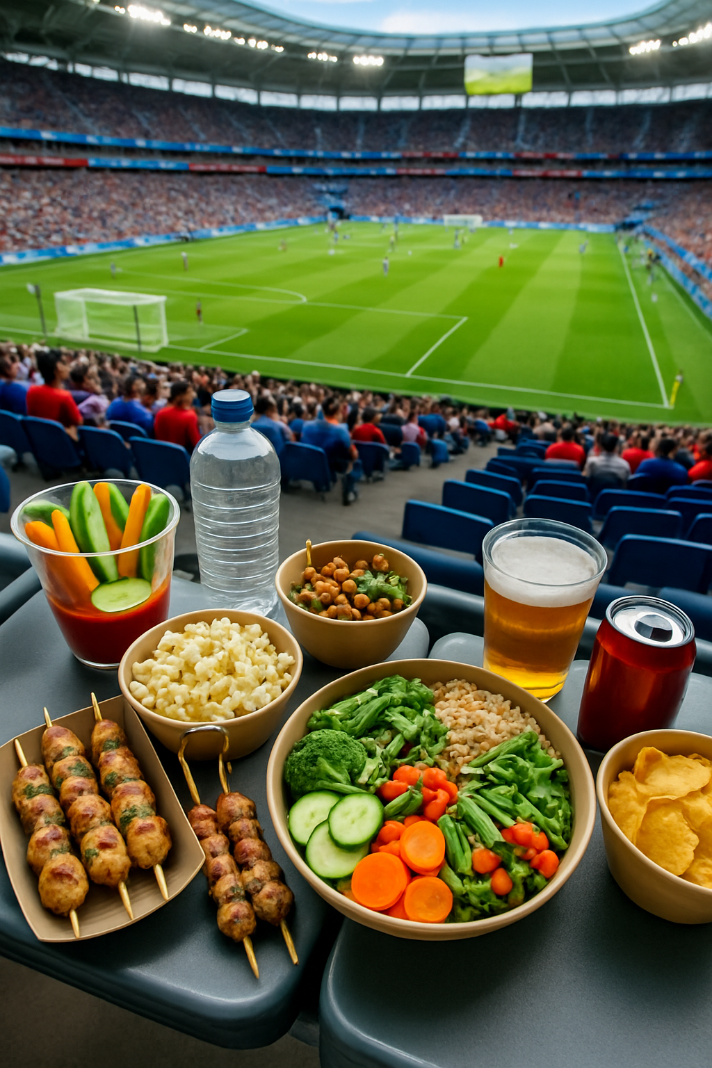 A soccer fan in a Cruz Azul jersey using the SnapEat AI app on their phone to check the nutrition of a healthy snack while watching a game.