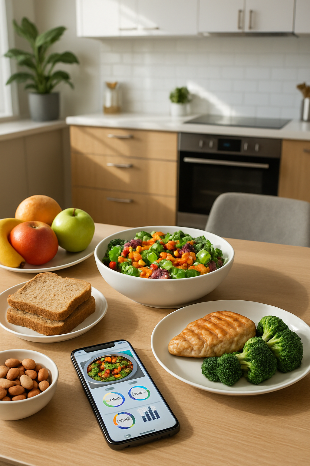 A smartphone displaying the SnapEat AI calorie counter app with a photo of a healthy meal.