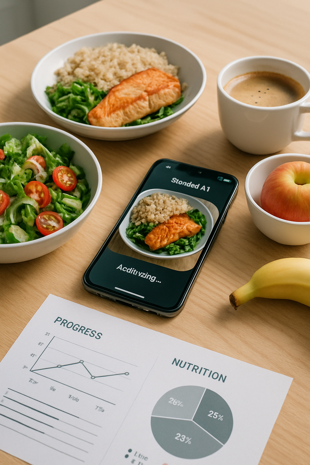 A healthy and colorful meal on a plate with a smartphone showing the SnapEat AI app interface analyzing its nutritional content.