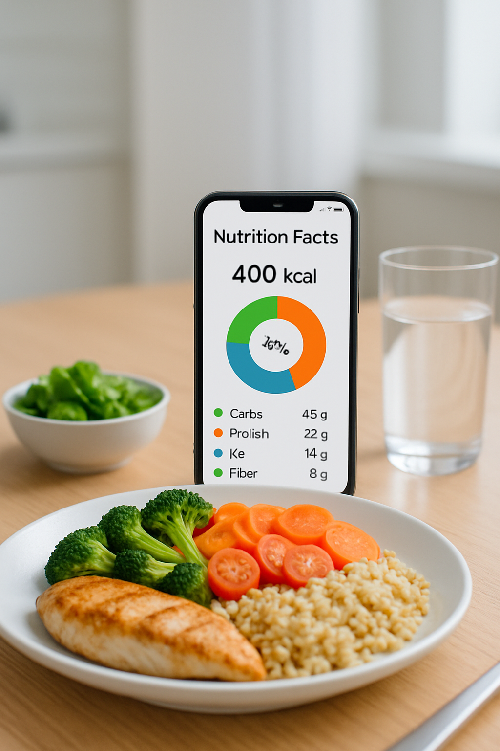 A smartphone showing the SnapEat AI food recognition app analyzing a healthy meal of salmon, avocado, and vegetables.