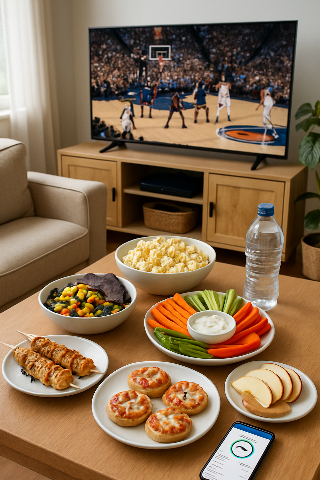 A spread of healthy game day nutrition snacks including vegetable sticks, hummus, and salsa, with a basketball game on a screen in the background.