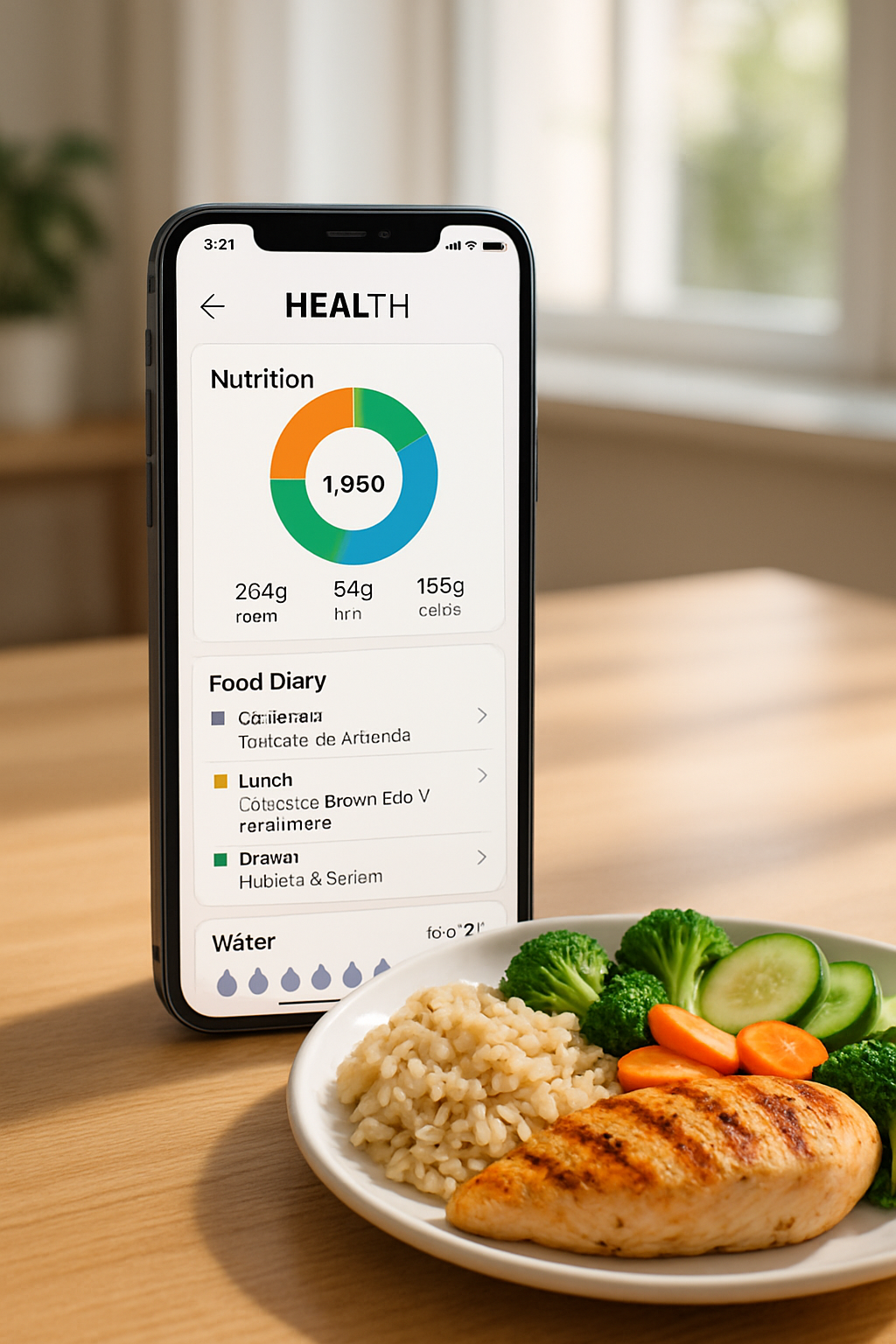 A smartphone showing the SnapEat AI nutrition tracker app analyzing a healthy meal of chicken and vegetables for the #mls Challenge.