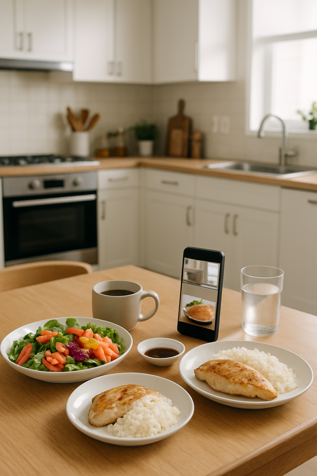 A smartphone displays SnapEat AI analyzing a healthy plate to calculate calories and macros.