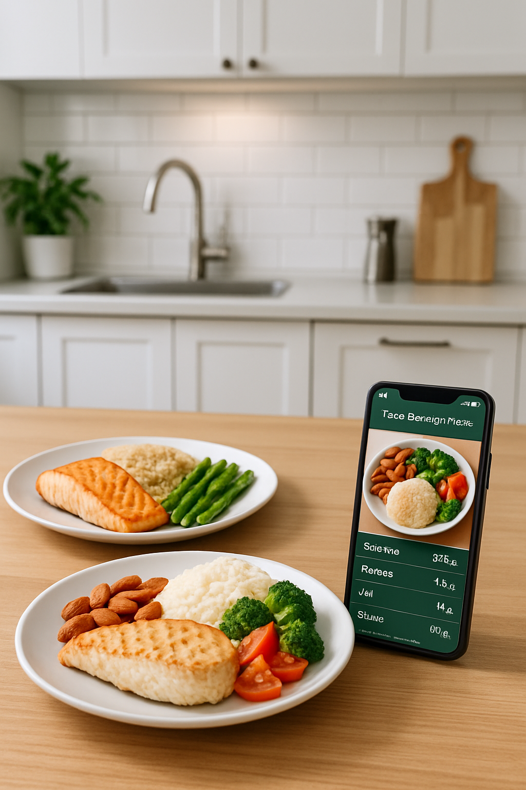 Smartphone displaying the SnapAI Nutrition food tracker app interface after analyzing a photo of a healthy meal.
