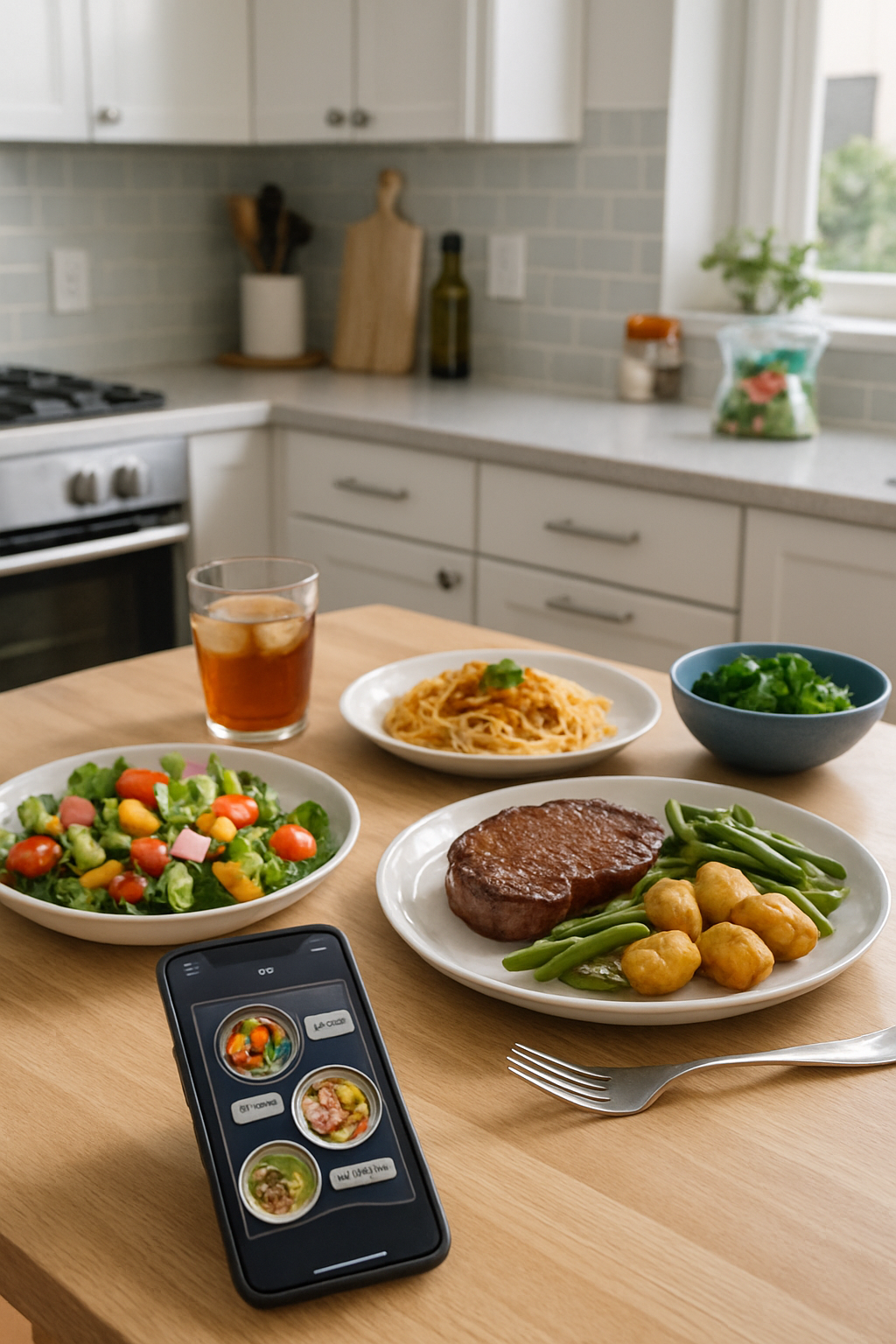 A smartphone showing the SnapEat AI food tracking app analyzing a photo of a healthy meal.