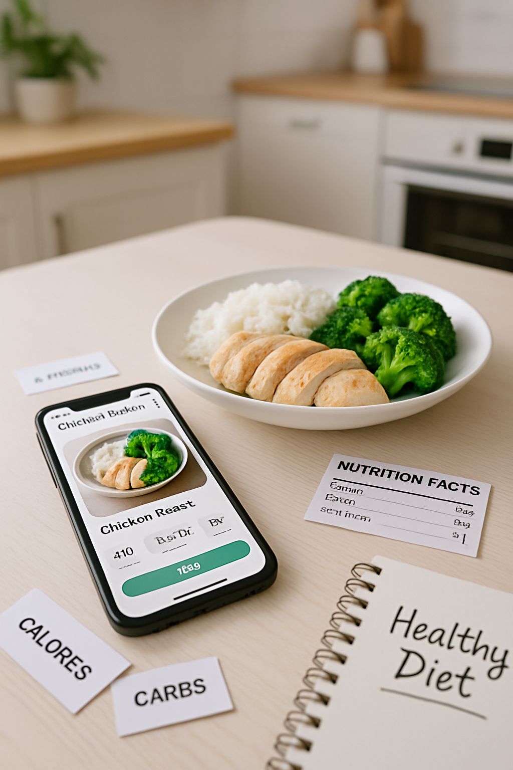 A smartphone screen showing the SnapEat AI app recognizing a plate of salmon, rice, and broccoli for calorie tracking.