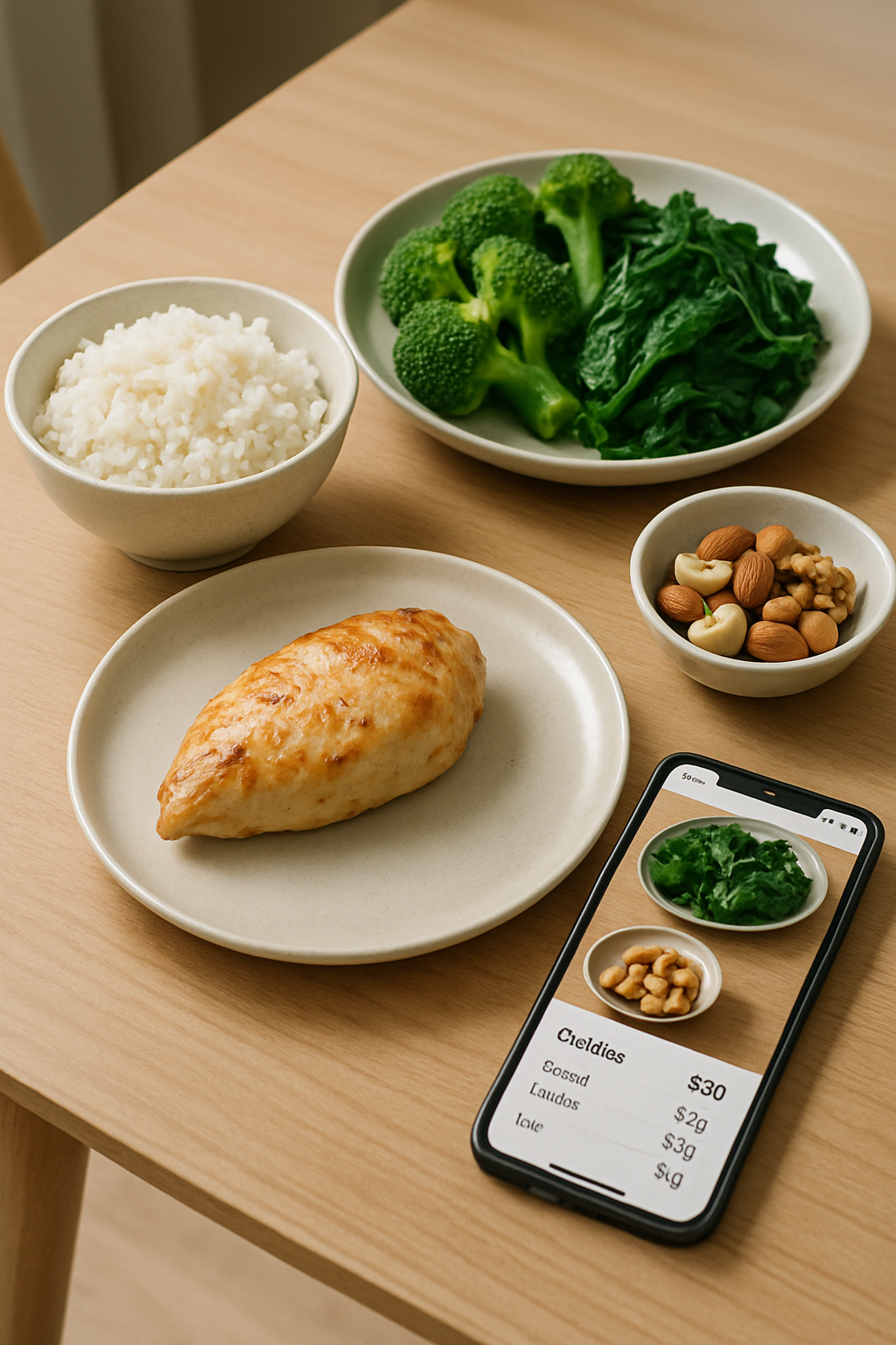 A smartphone running the SnapEat AI meal tracking app, analyzing a balanced plate with chicken, quinoa, and vegetables, demonstrating the portion control guide.