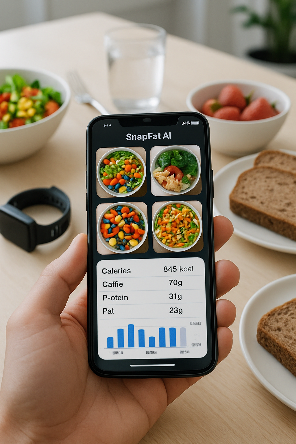 Smartphone with SnapFood Track app analyzing a healthy meal photo for calorie and macro calculation.