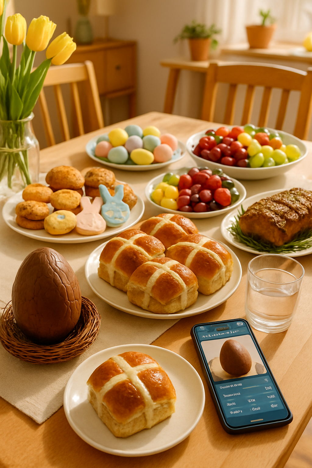 A balanced and healthy Easter meal on a plate with some chocolate eggs on the side, representing healthy Easter habits.