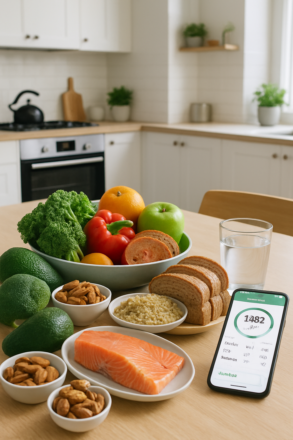 Smartphone showing the SnapEat AI nutrition tracking app interface next to a healthy meal of salmon and vegetables, symbolizing nutrition for trauma recovery.