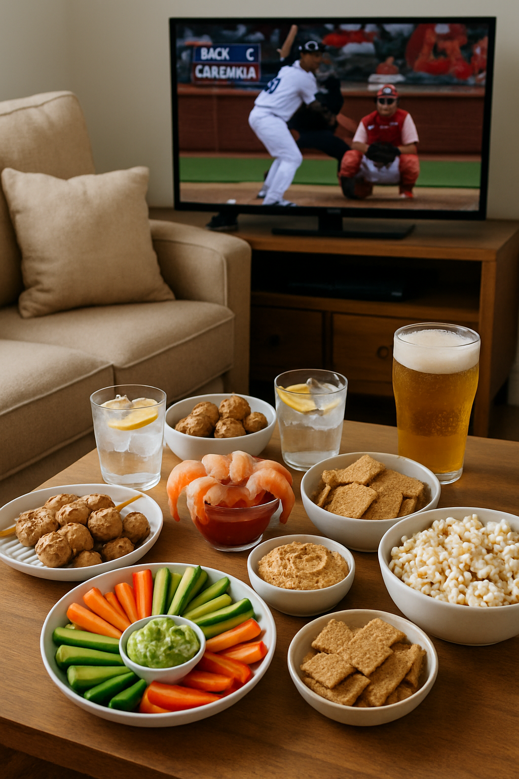 A platter of healthy game day snacks including chicken skewers, guacamole, and vegetables, with a smartphone showing the SnapEat AI app interface.