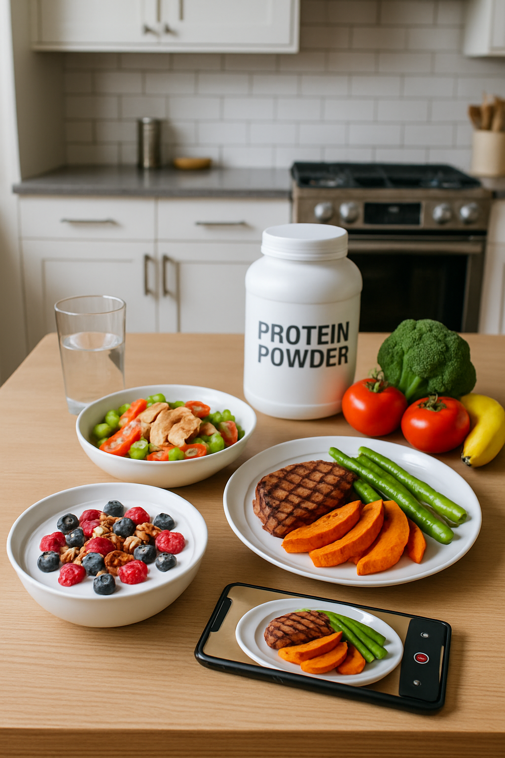 A smartphone running the SnapEat AI calorie tracker app, analyzing a healthy meal to help users get a lean physique like Tom Holland.