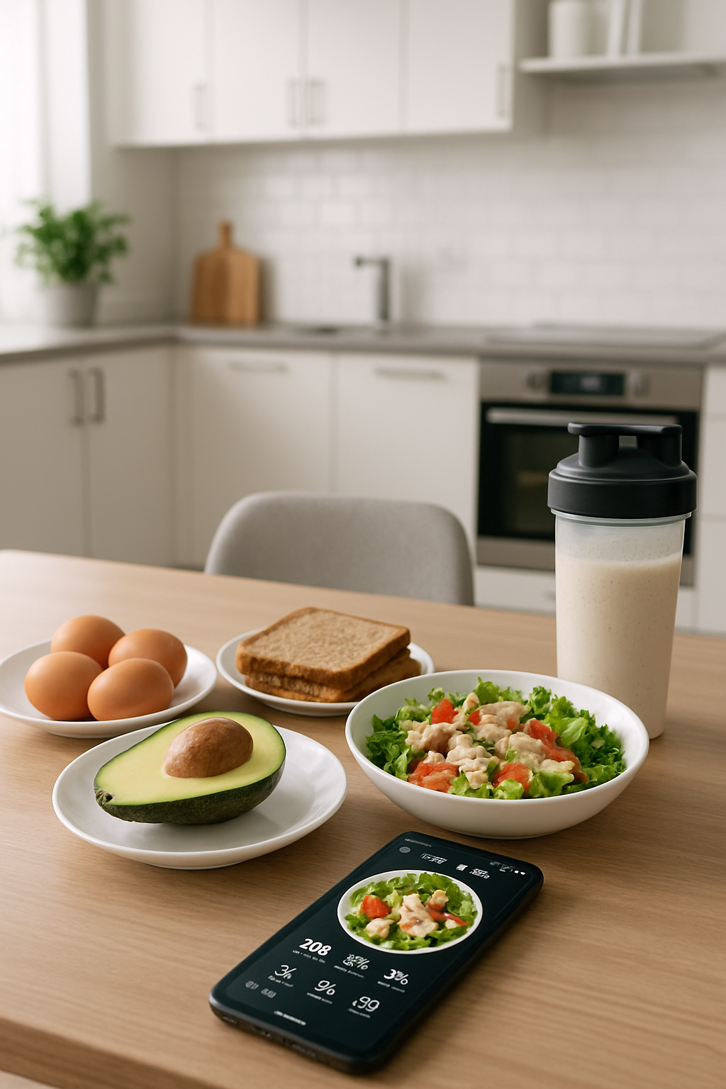 A smartphone showing the SnapEat AI smart calorie counter app analyzing a plate of salmon and vegetables.