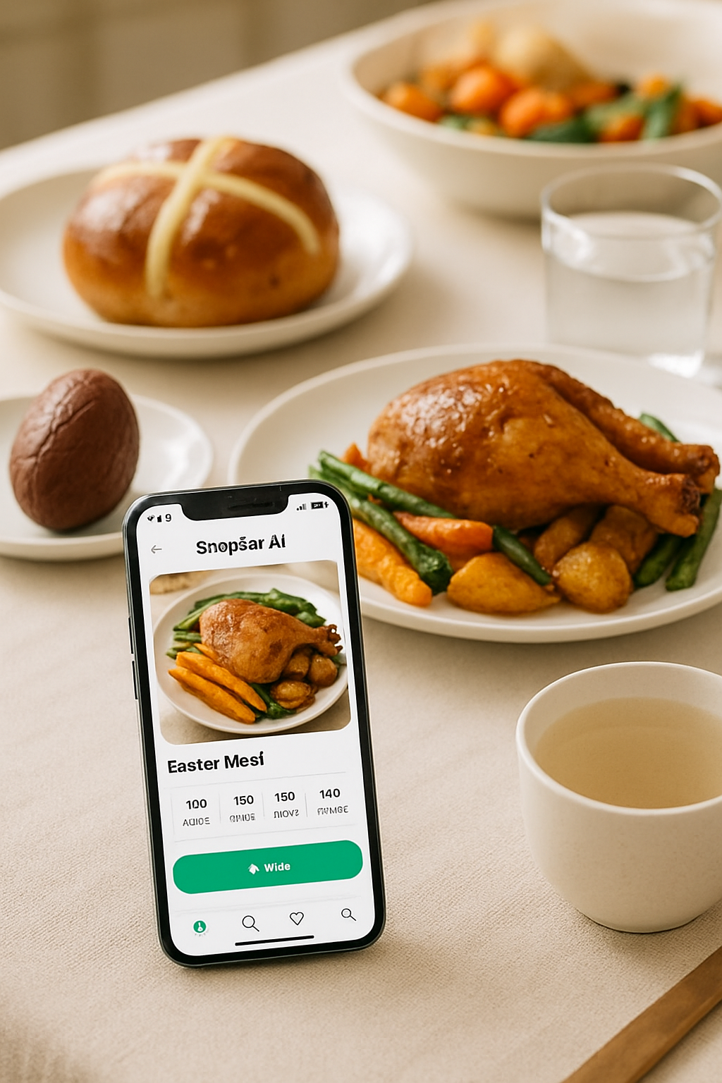 Smartphone showing the SnapEat AI smart calorie counter app next to a healthy Easter meal with vegetables and lean protein.