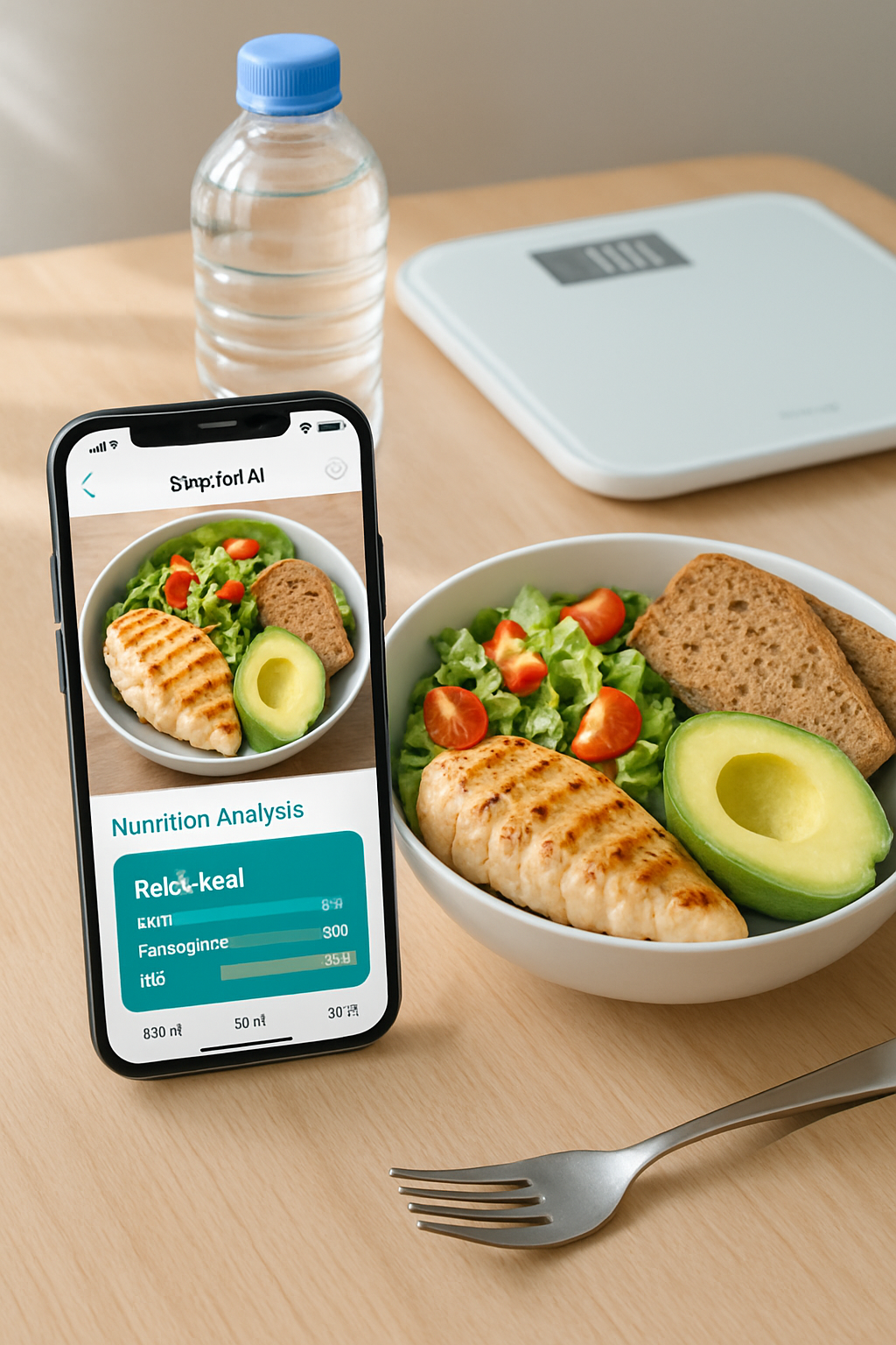 A person using the SnapEat AI nutrition tracking app on their phone to log a healthy salad, working towards their beach body goals.