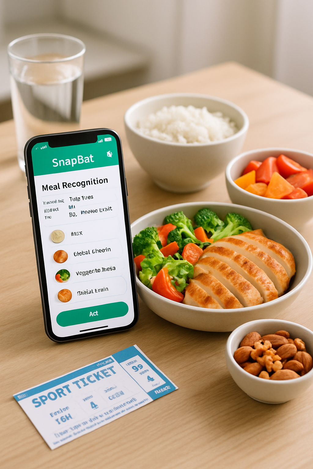 A healthy meal on a table with a phone using the SnapEat AI meal tracking app to analyze it.