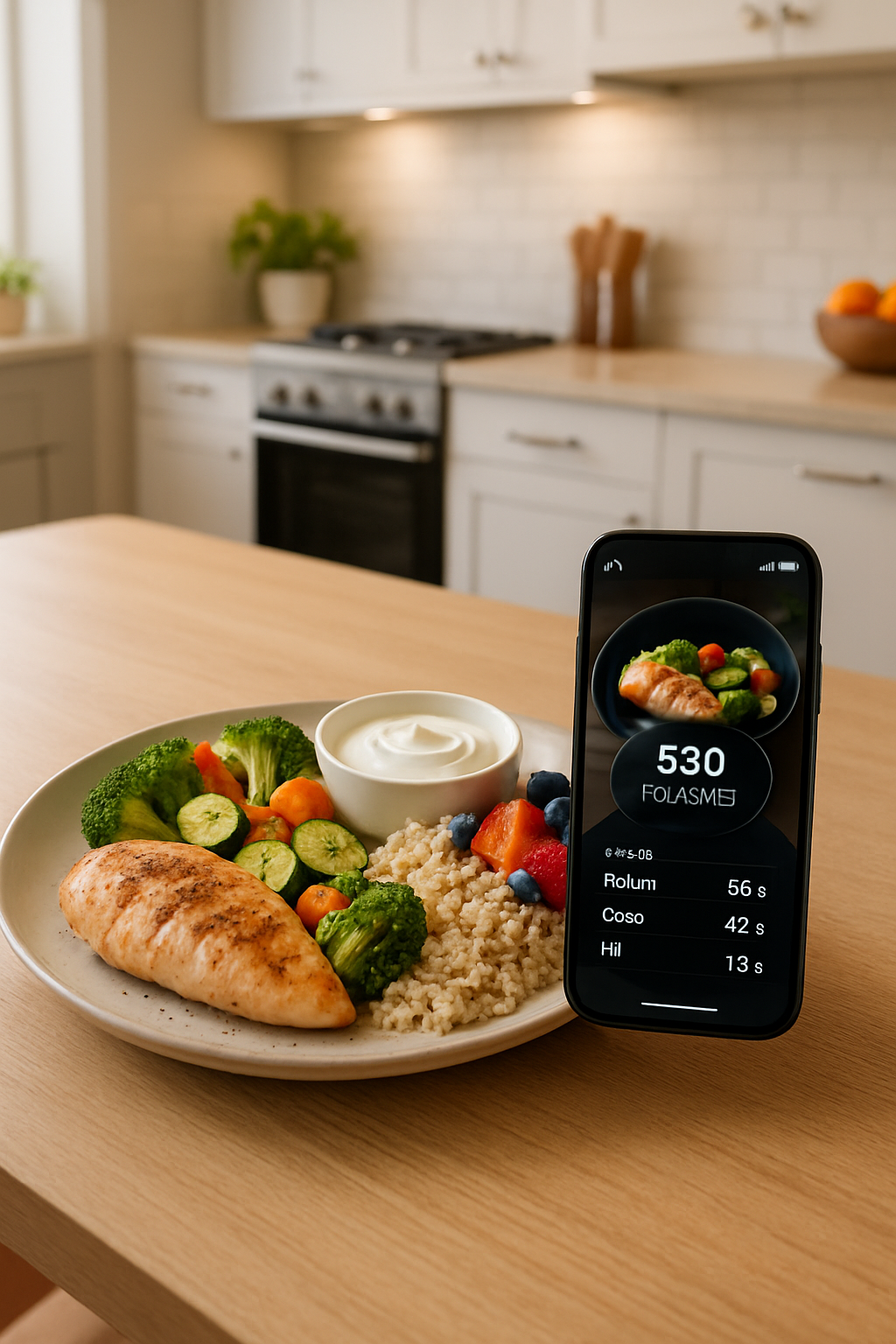 A smartphone displaying the SnapEat AI app interface with a photo of a healthy meal of salmon and vegetables.