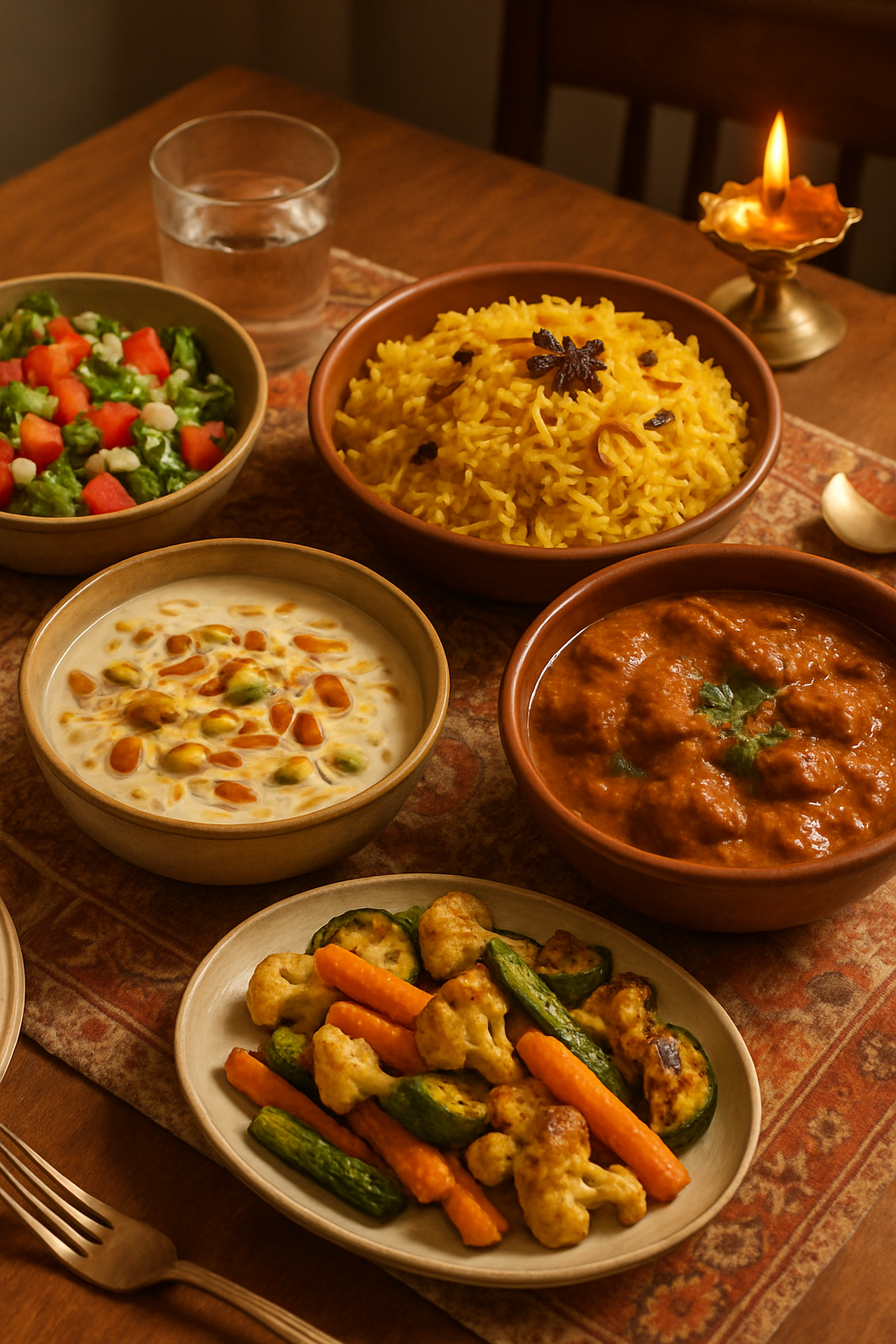 A traditional Eid feast with Biryani and sweets, illustrating a guide on how to eat healthy during Eid.