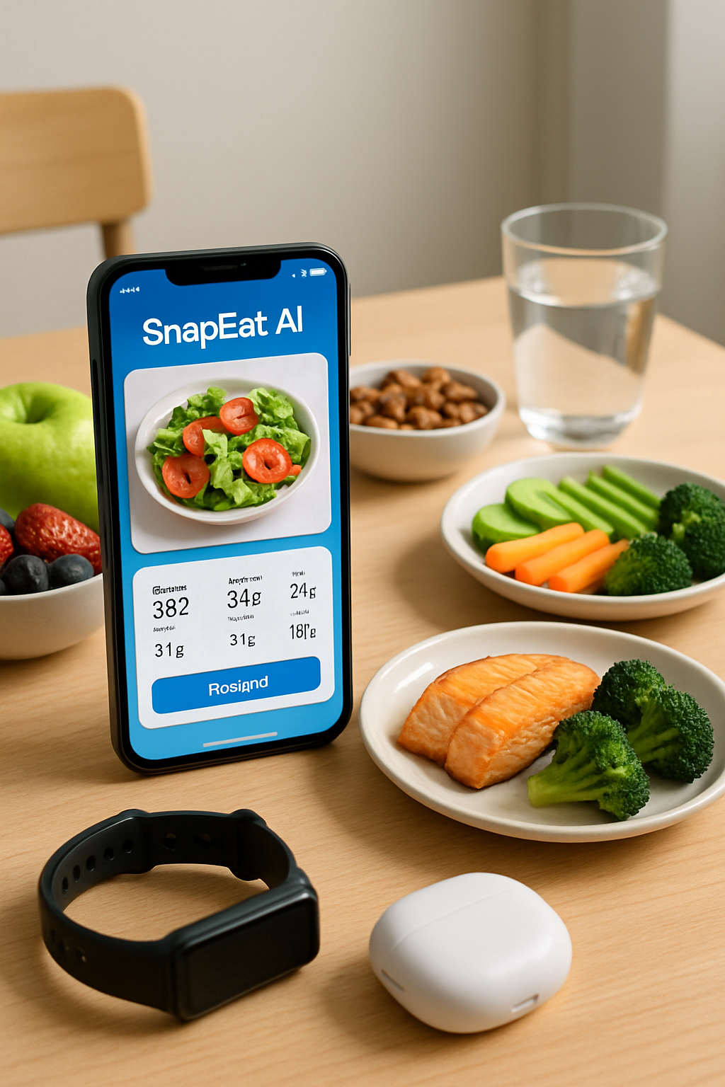 Smartphone showing the SnapEat AI meal tracker app analyzing a photo of a healthy salmon and avocado salad