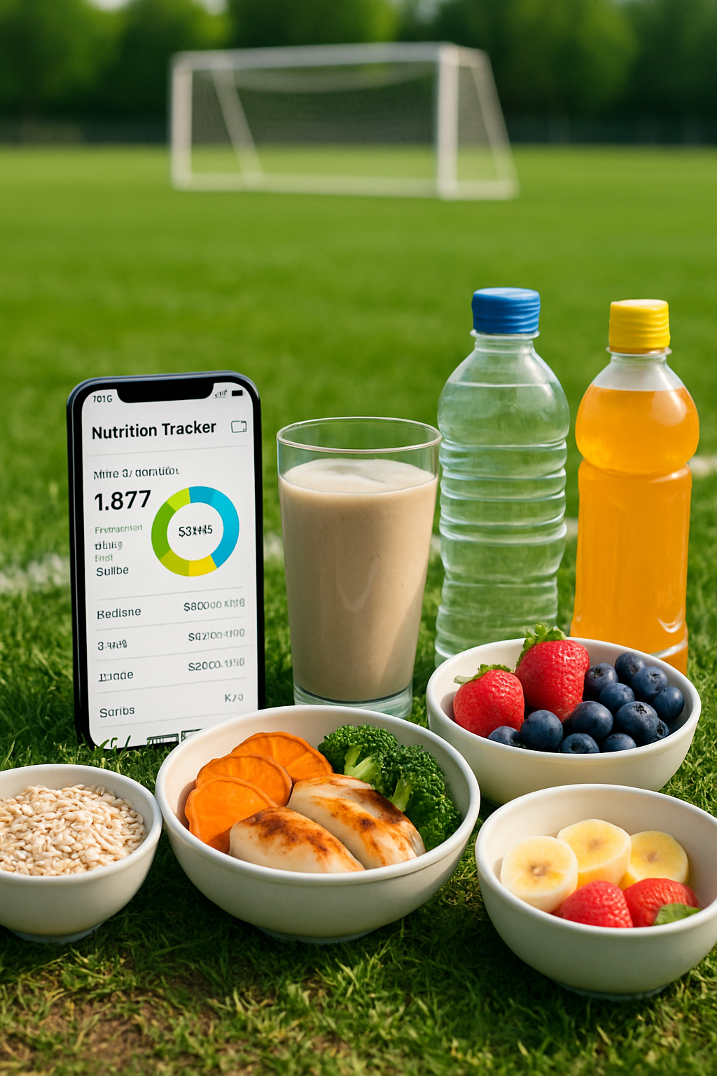 A plate of healthy food for football nutrition, including chicken, quinoa, and vegetables, with the SnapEat AI logo