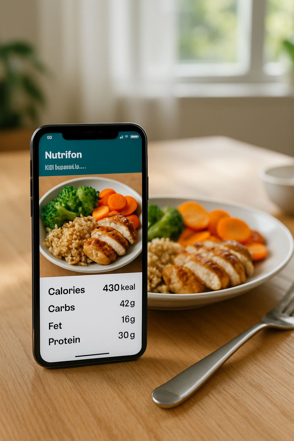 A smartphone displaying SnapTrack AI analyzing a healthy plate with salmon and vegetables.