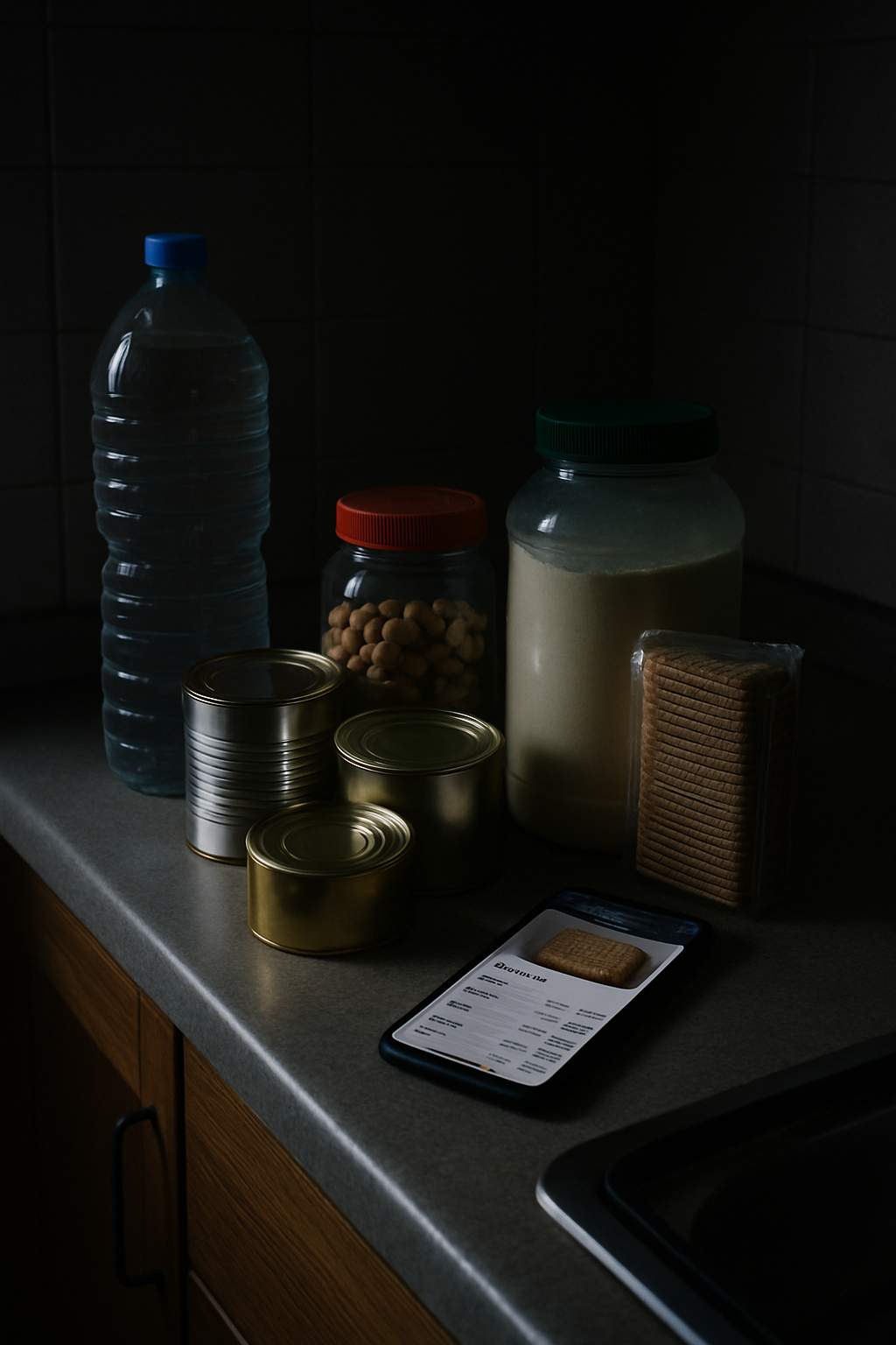 Smartphone showing the SnapEat AI calorie tracker app next to non-perishable power outage food like canned goods and protein bars.