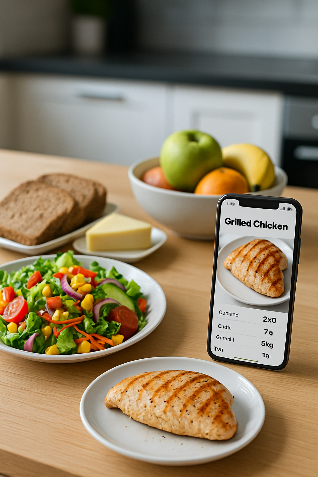 A smartphone showing the SnapEat AI app interface analyzing a photo of a healthy meal of salad and toast