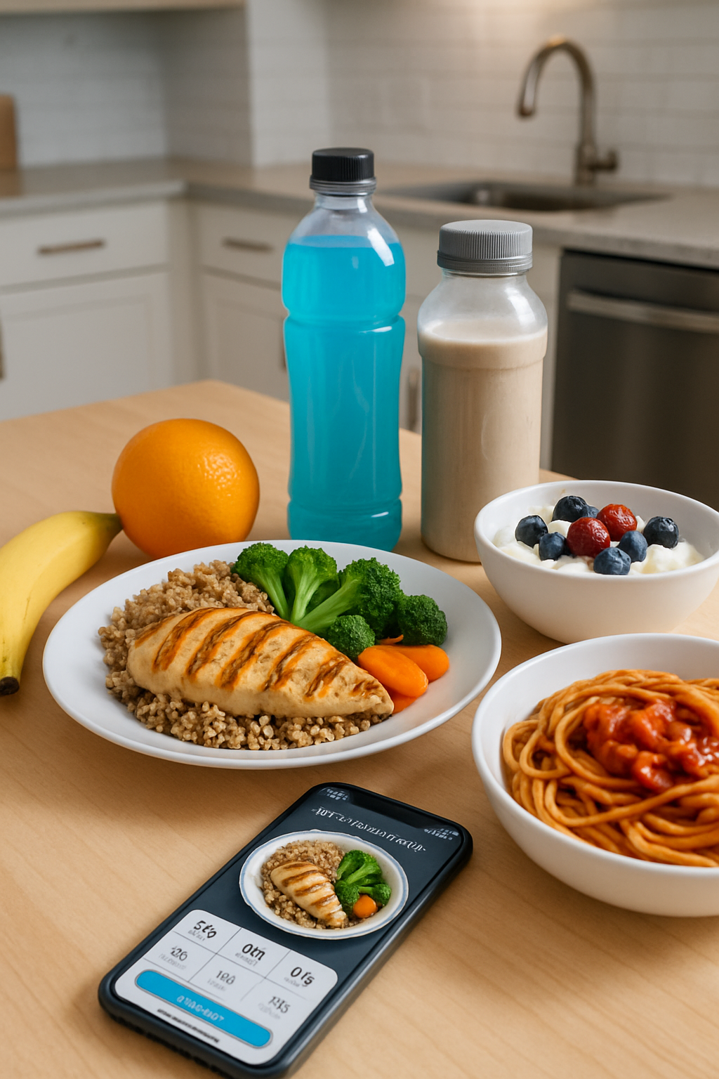 Athlete looking at a healthy pre-game meal of chicken and quinoa, with the SnapEat AI nutrition coach app interface overlaid.