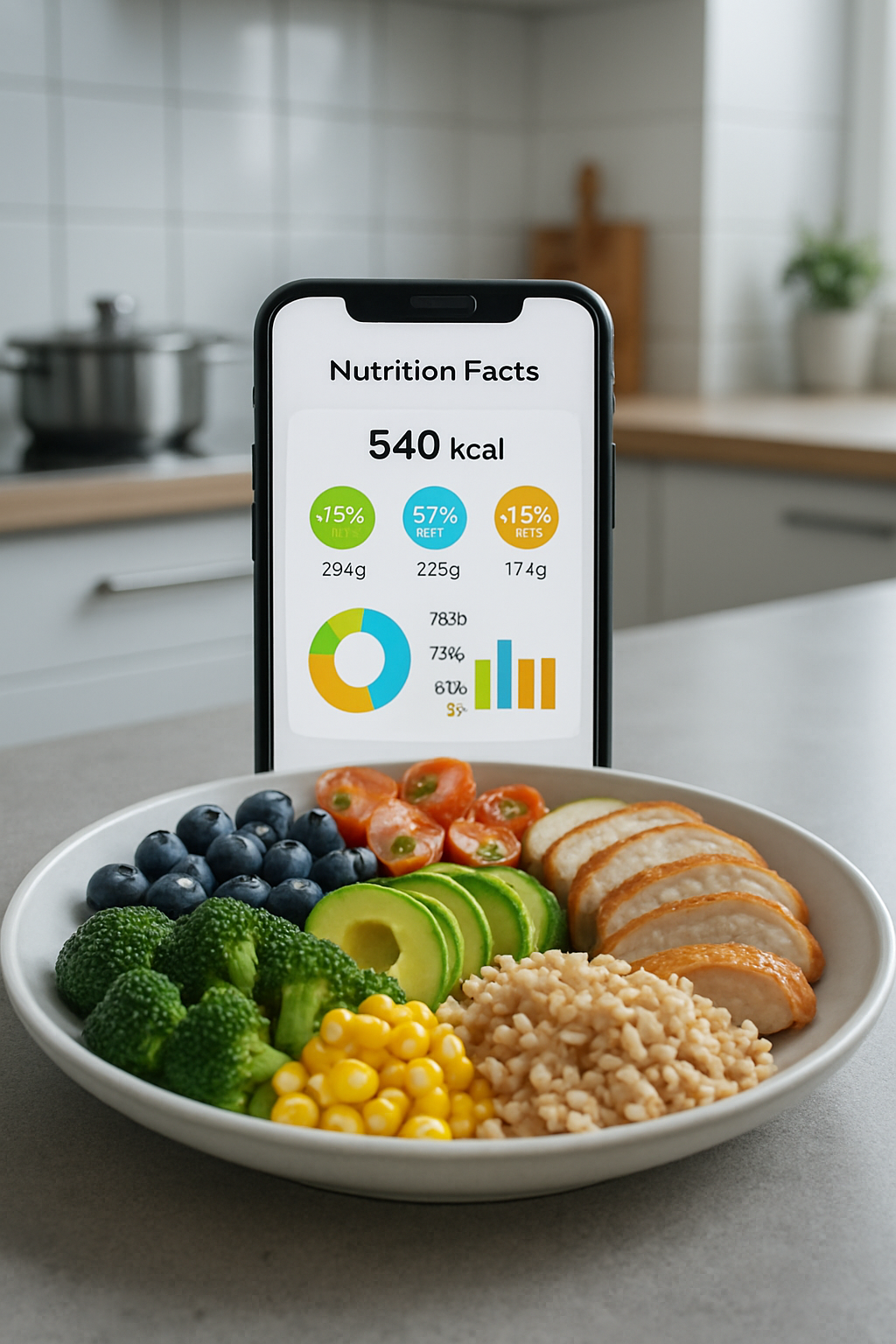 Smartphone showing the SnapEat AI food tracker app analyzing a photo of a healthy meal to provide nutritional data.