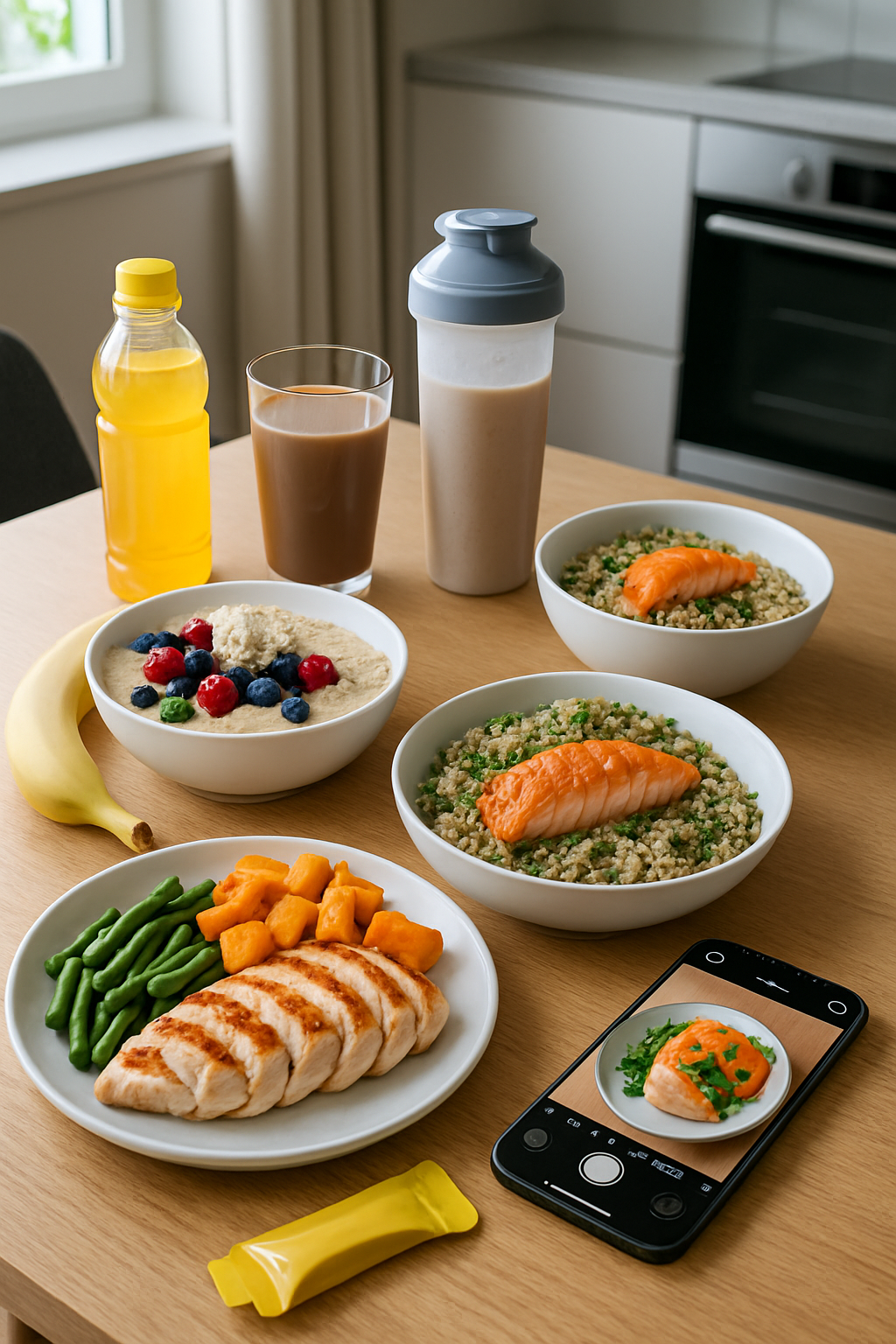 Athlete's game day nutrition meal of grilled chicken and sweet potato being analyzed by the SnapEat AI nutrition tracker app.