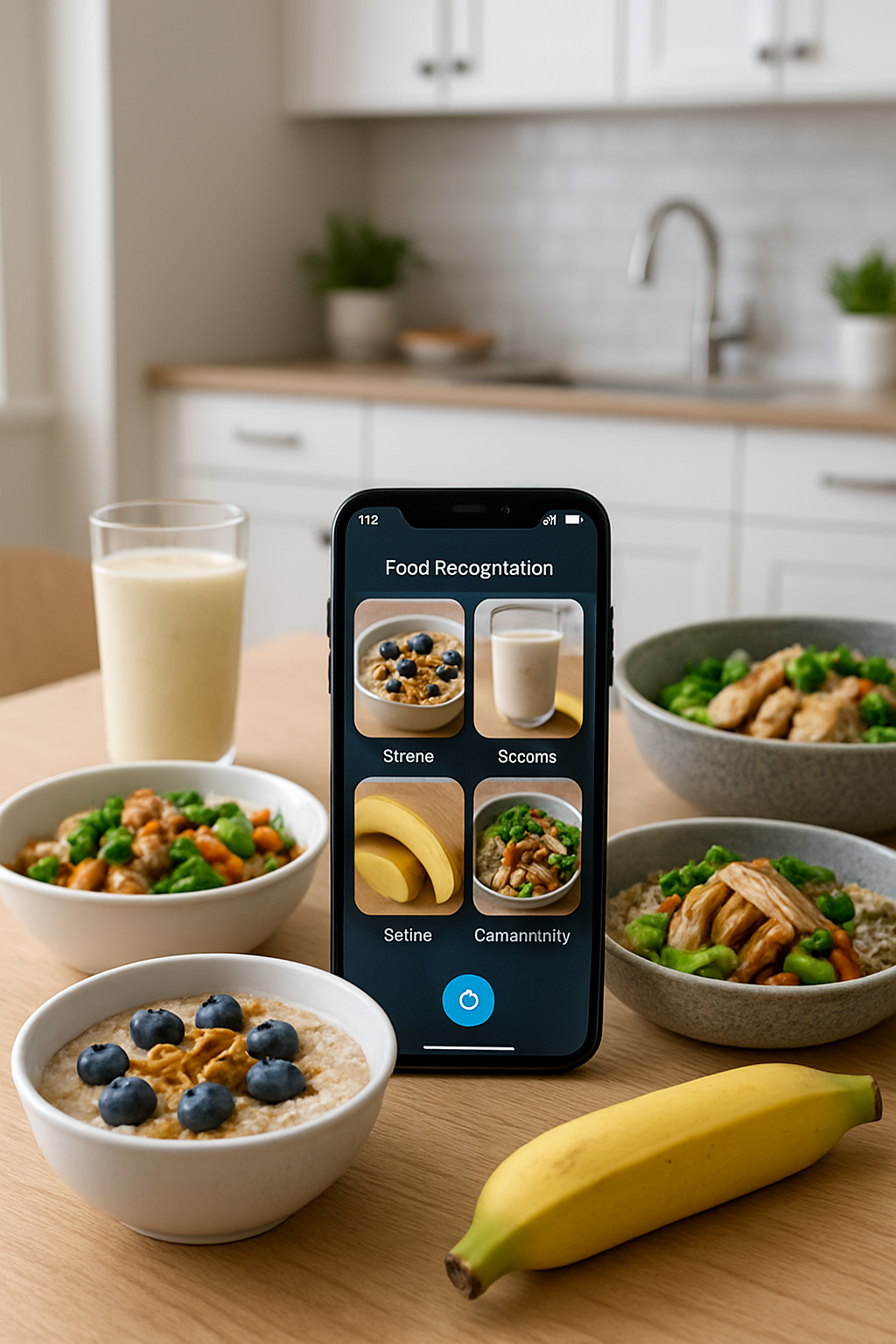A smartphone showing the SnapEat AI calorie tracker app analyzing a healthy meal with AI.