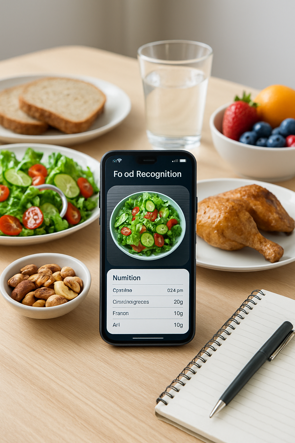 Smartphone displaying the SnapTrack AI food tracker app, analyzing a photo of a nutritious meal with salmon and vegetables.