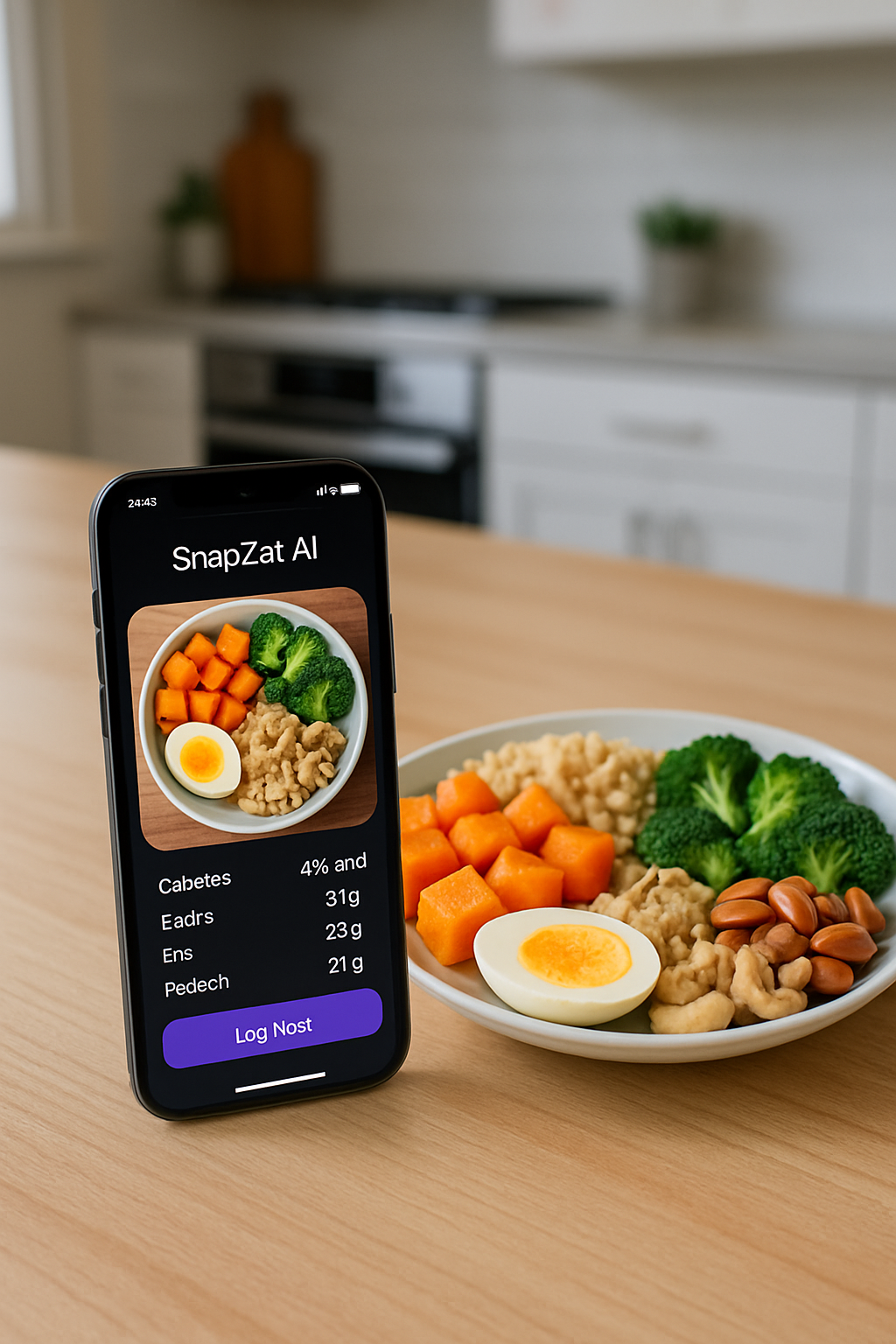 Smartphone displaying SnapEat AI analyzing a nutritious meal of salmon, broccoli, and quinoa.