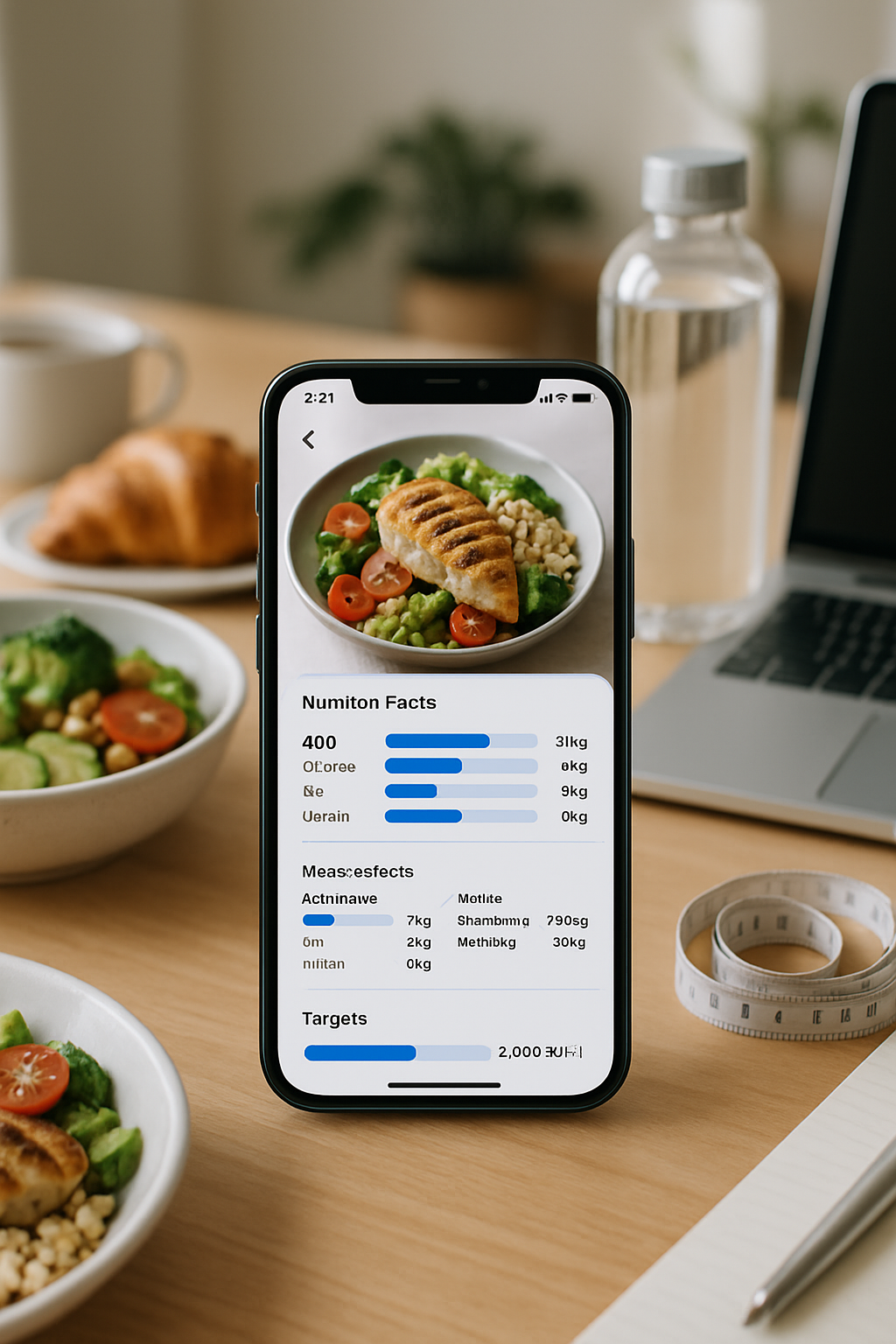 Smartphone screen showing the SnapEat AI food tracker app identifying a meal from a photo and displaying its nutritional information.