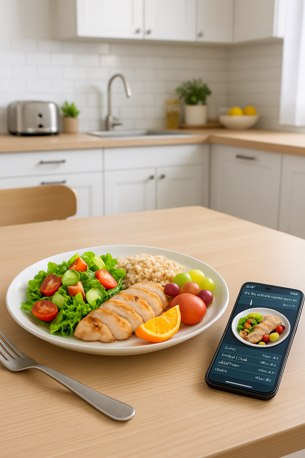 A phone showing the SnapEat AI app interface analyzing a plate of salmon and avocado, demonstrating the AI food coach technology.