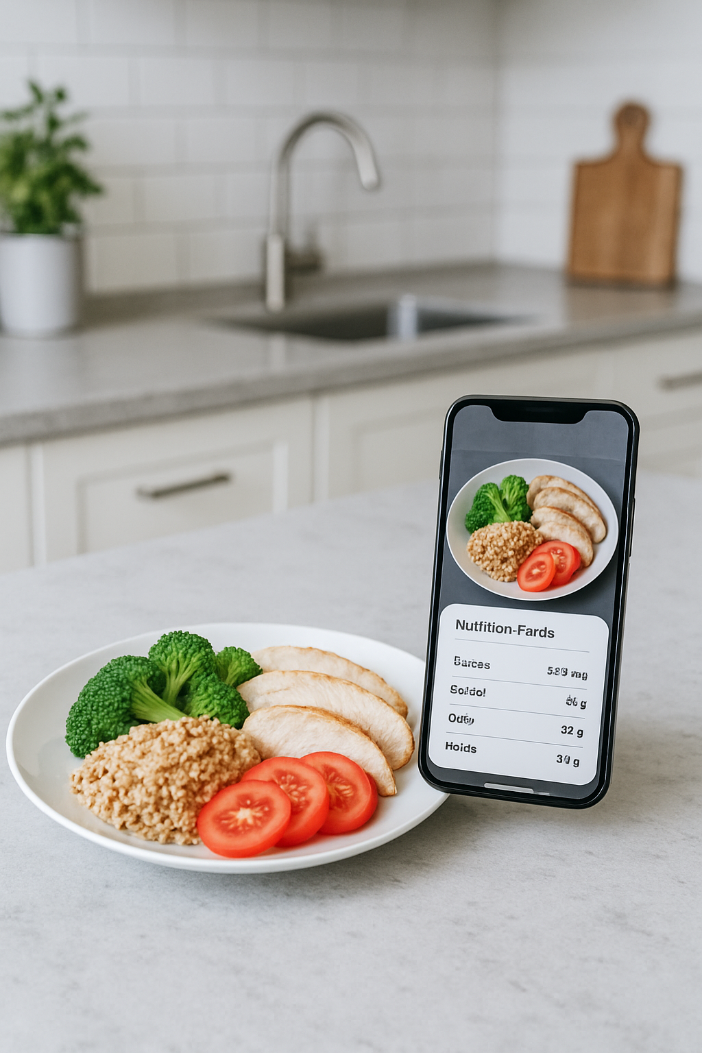 A smartphone screen showing the SnapEat AI app interface analyzing a photo of a healthy meal with salmon and vegetables.